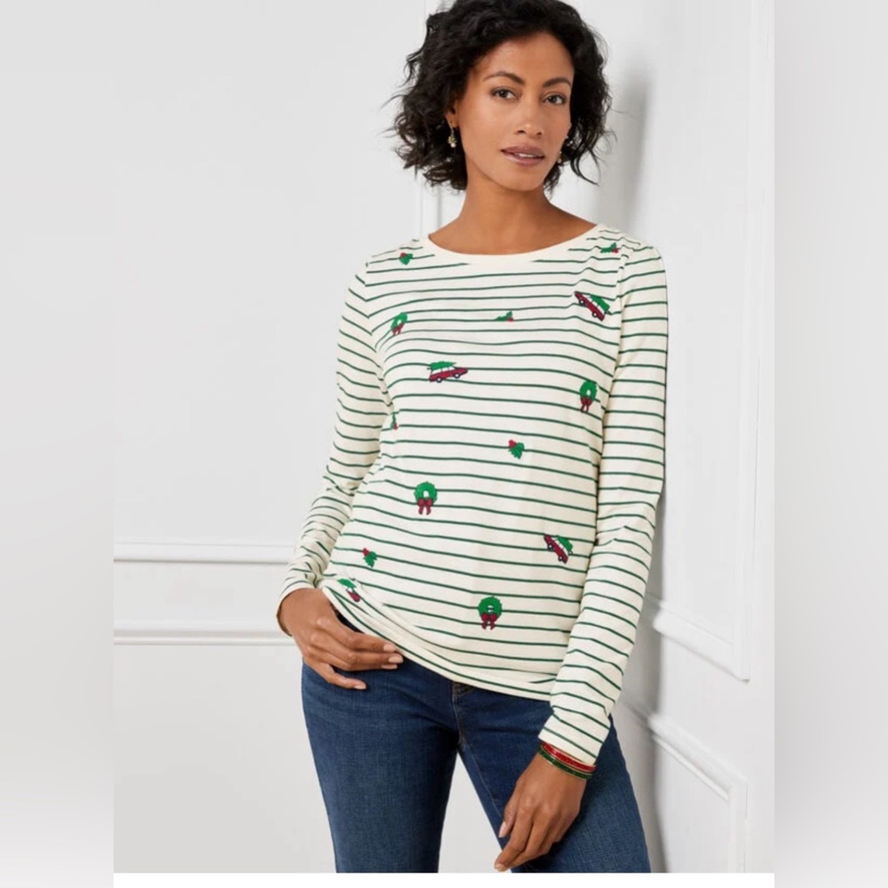 Talbots Festive Green and Creamy White Striped Top. Size X. Great Condition.